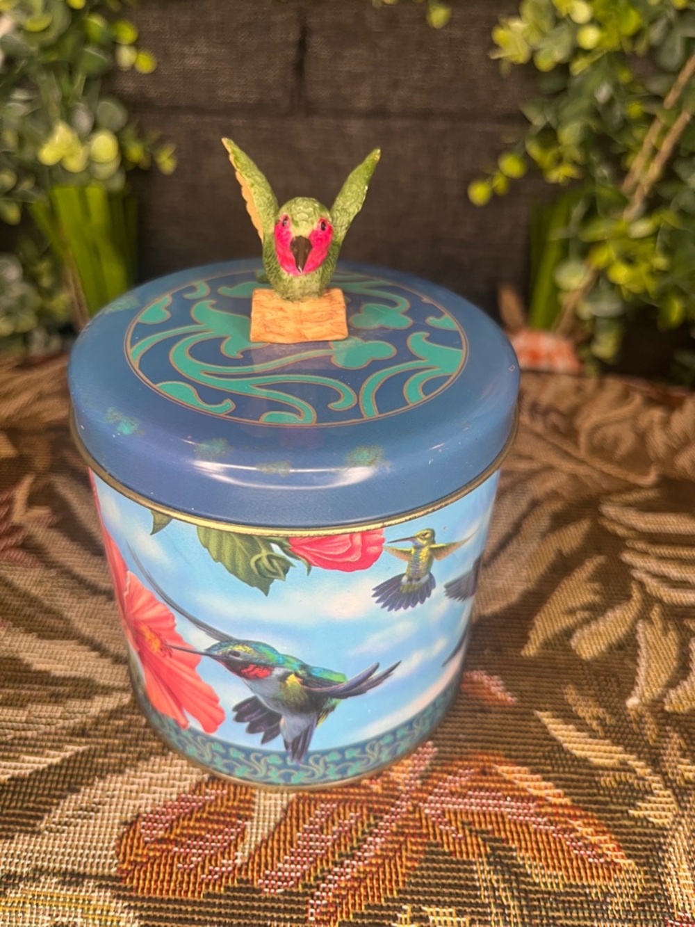 Decorative Hummingbird Tin Canister - Blue and Green